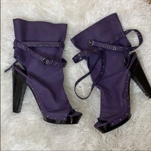 Gwyneth Stiletto Purple Leather Peep-Toe Boots 11